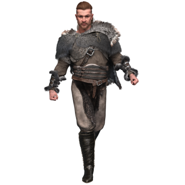Üç boyutlu, deri zırhlı ve kürklü Viking savaşçısını yumruklarını sıkmış bir şekilde öne doğru yürüyordu. Sert bir kürk pelerini ve şeffaf arka planda izole edilmiş ağır botlar giyiyor..