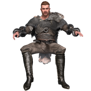 Üç boyutlu, deri zırhlı ve kürklü Viking savaşçısını yumruklarını sıkmış bir şekilde öne doğru yürüyordu. Sert bir kürk pelerini ve şeffaf arka planda izole edilmiş ağır botlar giyiyor..