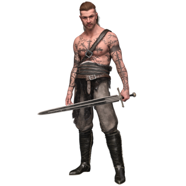 Üç boyutlu, uzun saçlı, örgülü at kuyruklu ve vücut dövmeli bir Viking savaşçısı. Kürk ve deri pantolon giymiş, uzun botları var, şeffaf arka planda izole edilmiş.. 