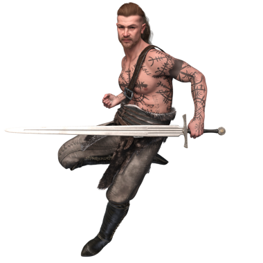 Üç boyutlu, uzun saçlı, örgülü at kuyruklu ve vücut dövmeli bir Viking savaşçısı. Kürk ve deri pantolon giymiş, uzun botları var, şeffaf arka planda izole edilmiş.. 