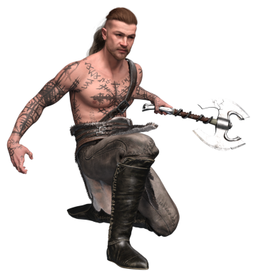 Üç boyutlu, uzun saçlı, örgülü at kuyruklu ve vücut dövmeli bir Viking savaşçısı. Kürk ve deri pantolon giymiş, uzun botları var, şeffaf arka planda izole edilmiş.. 