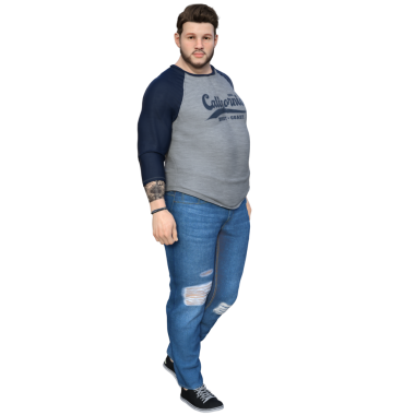 3D sakallı, gri ve denizci tişörtlü Kaliforniya desenli yırtık kot pantolon ve spor ayakkabılı, şeffaf arka planda izole edilmiş bir adam.. 