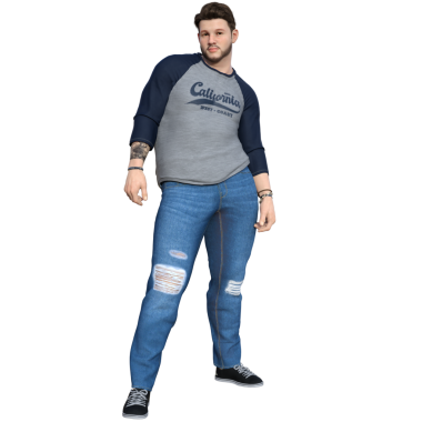 3D sakallı, gri ve denizci tişörtlü Kaliforniya desenli yırtık kot pantolon ve spor ayakkabılı, şeffaf arka planda izole edilmiş bir adam.. 