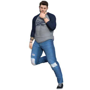 3D sakallı, gri ve denizci tişörtlü Kaliforniya desenli yırtık kot pantolon ve spor ayakkabılı, şeffaf arka planda izole edilmiş bir adam.. 