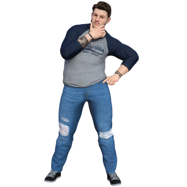 3D sakallı, gri ve denizci tişörtlü Kaliforniya desenli yırtık kot pantolon ve spor ayakkabılı, şeffaf arka planda izole edilmiş bir adam.. 