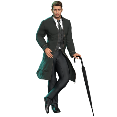 Üç boyutlu, resmi takım elbiseli, uzun ceketli, şemsiyesi olan, şeffaf arka planda izole bir erkek karakter.
