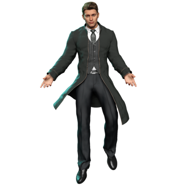 Üç boyutlu erkek karakter resmi bir kıyafet içinde uzun bir ceket, yelek, kravat ve giysi ayakkabılarıyla, şeffaf arka planda izole edilmiş.