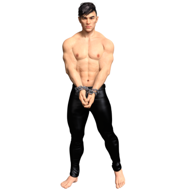 3 boyutlu, siyah deri pantolonlu, çıplak ayaklı, elleri zincirli, şeffaf bir arkaplanda izole edilmiş üstsüz erkek karakter.. 