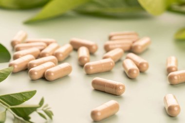 Alternatif tıp bitkisel kapsülleri ve yeşil arka planda taze organik bitki yaprakları. Sağlıklı bitkiler ve homeopatik destek ürünleri.
