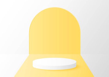 Beyaz silindir podyumu arka planda sarı çizgili, ürün gösterimi için vektör geometrik platform illüstrasyonu, tanıtım pankartı.