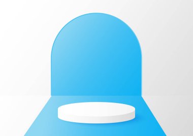 Arka planda mavi çizgili beyaz silindir podyum, ürün gösterimi için vektör geometrik platform illüstrasyonu, tanıtım pankartı.