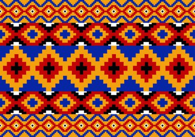 soyut etnik dikişsiz kumaş deseni arka plan, turuncu, kırmızı ve mavi renkler, duvar kağıdı için geometrik şablon, poster.