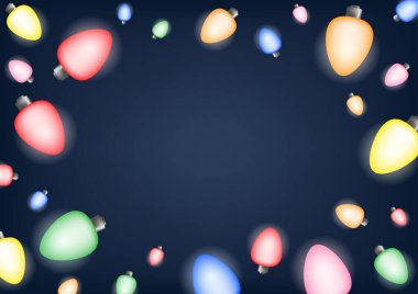 Koyu arkaplanda fotokopi alanı olan renkli ampul çerçevesi soyut vektör illüstrasyon kutlama şablonu broşürü, davetiye, web pankartı, poster.