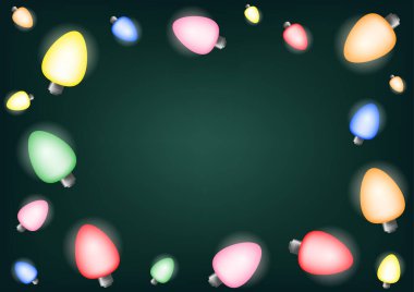 Yeşil arkaplanda fotokopi alanı olan renkli ampul çerçevesi soyut vektör illüstrasyon kutlama şablonu uçucu, davet, web pankartı, poster.