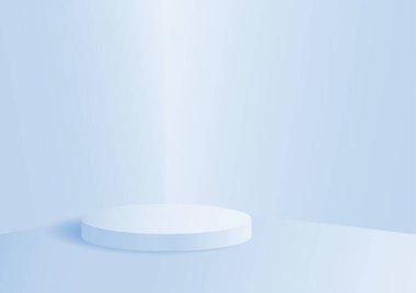 Odadaki soyut silindir podyumu, mavi renk, ürün gösterimi için vektör geometrik platform illüstrasyonu, tanıtım pankartı.