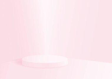 Odadaki soyut silindir podyumu, pembe renk, ürün gösterimi için vektör geometrik platform illüstrasyonu, tanıtım pankartı.