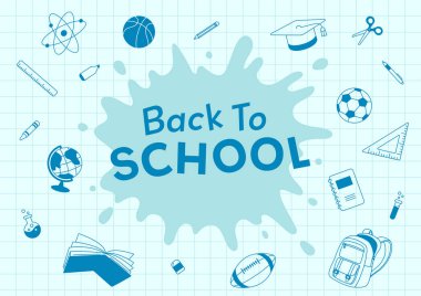 Okul vektör illüstrasyon arka planı ve kırtasiye malzemeleri mavi monokrom rengi