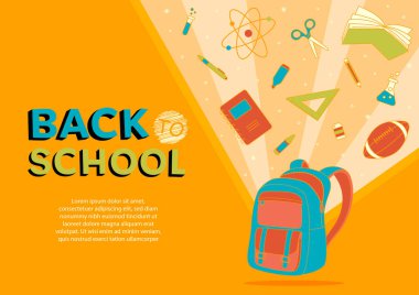 Okulun teması turuncu arka plan ve renkli kırtasiye malzemeleri element çizimi