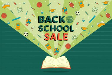 Okulun arka plan kırtasiye malzemeleri, afiş yeşil vektör illüstrasyon alışveriş şablonu tasarımı.