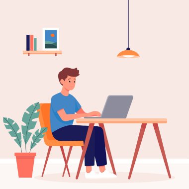 Ev ofisinin dizüstü bilgisayarıyla çalışan serbest çalışan adam ev arka planından düz tasarım vektör çizimi yapıyor.