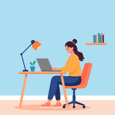 Ev ofisinin dizüstü bilgisayarıyla çalışan serbest çalışan kadınlar ev arka planından düz tasarım vektör çizimleri yapıyorlar.