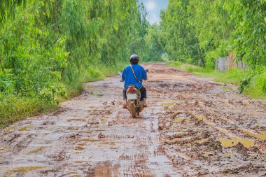 Her iki tarafında okaliptüs ağaçları olan çamurlu yollarda motosikletler.