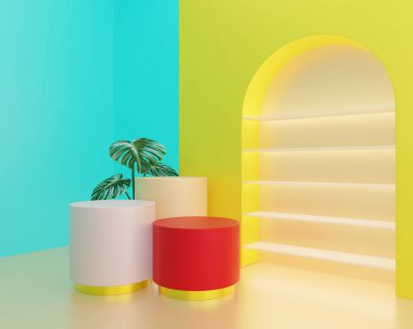 Stüdyo odasında 3D arka plan podyumu, boş raf ekranı, ürün tasarımı için boş sahne. Daire şeklinde podyum modelleme standları, 3B oluşturma.