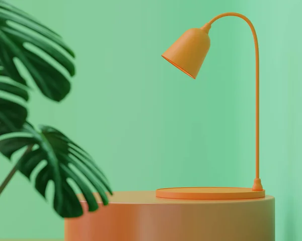Oranje Bureaulamp Tafel Studiokamer Blanco Podium Voor Productpresentatie Weergave — Stockfoto