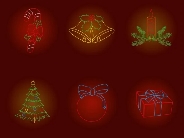 Weihnachten Und Neujahr Neonlicht Dekorationen Auf Dunkelrotem Hintergrund Vektor Illustration — Stockvektor