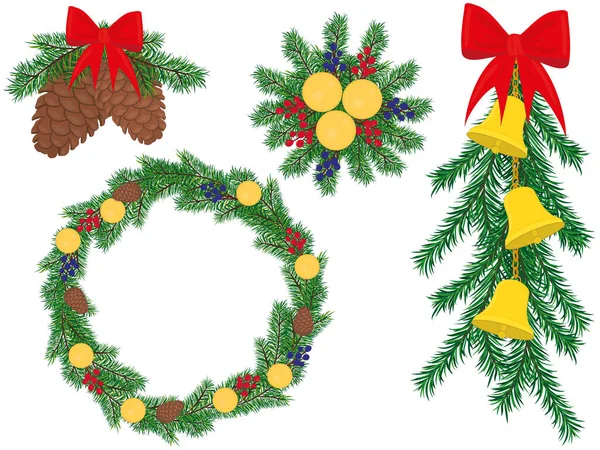 Kerst Nieuwjaar Decoraties Met Sparren Takken Speelgoed Klokken Vector Illustratie — Stockvector