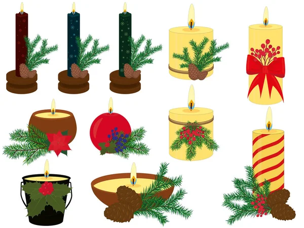 Weihnachten Und Neujahr Tannennadel Duftende Dekorierte Kerzen Verschiedene Formen Sammlung — Stockvektor