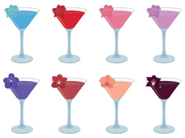 Cocktail Alcolici Decorati Con Fiore Guarnire Collezione Vettoriale Illustrazione — Vettoriale Stock