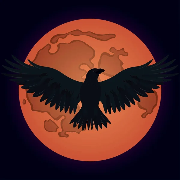 Літаючий Чорний Ворон Місячному Світлі Червоного Повного Місяця Векторні Ілюстрації — стоковий вектор