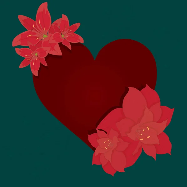 Großes Rotes Herz Umgeben Von Blumen Auf Dunkeltürkisfarbenem Hintergrund Vektor — Stockvektor