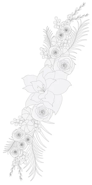 Черно Белые Цветы Почки Листья Композиции Векторной Иллюстрации — стоковый вектор