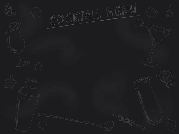 Cocktails Menu Beverage Contours Copy Space Drawn Blackboard Vector Illustration — Stock Vector