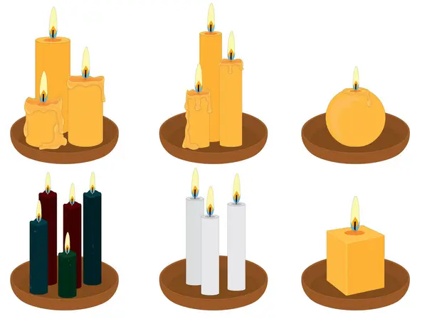 粘土板载体上薄而厚的不同色蜡蜡烛的收集 — 图库矢量图片