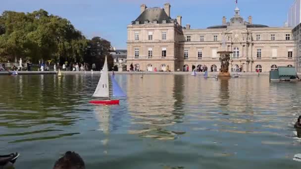 位于法国巴黎卢森堡花园的卢森堡宫和大巴萨 — 图库视频影像