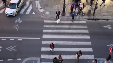  İnsanlar Paris 'te yaya geçidinden geçiyorlar. Yukarıdan görüntüle.