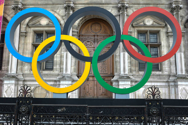 Olympic rings logo illustration installed waiting for Paris 2024 Olympic Games at Hotel de Ville.