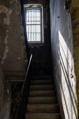 Binaların köşesinde loş bir merdiven. İşaret yok, tahta korkulukla süslenmiş ve simetrik pencereye paralel.
