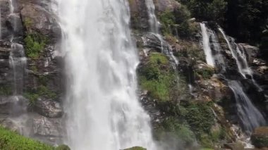 Şelale engebeli kayalık arazide zarifçe çağlıyor, canlı yemyeşil ile çevrili..