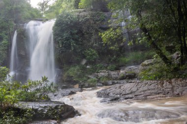 Sersemletici bir şelale kayaların üzerinde dalgalanır, yeşil yapraklarla çevrilidir..