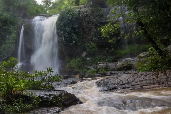 Sersemletici bir şelale kayaların üzerinde dalgalanır, yeşil yapraklarla çevrilidir..