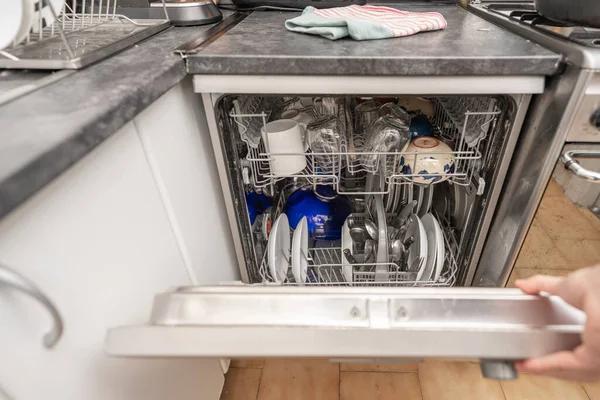 Woman Use Dishwasher Machine Housework — Stock Photo, Image