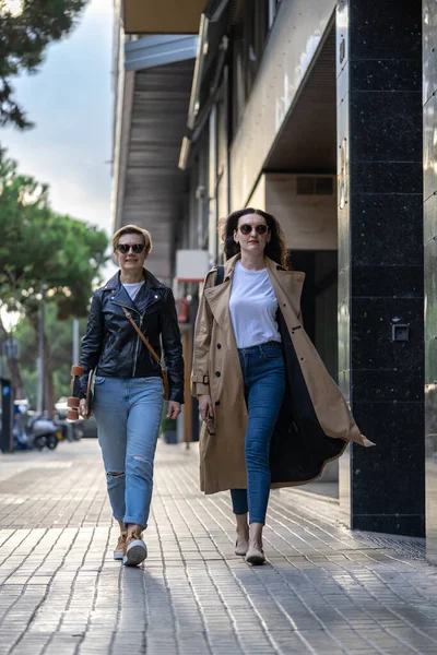 Two Adults 35S Years Old Businesswoman Sunglasses Walk Office Street Rechtenvrije Stockafbeeldingen