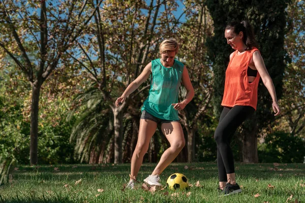 Două Femei Ani Antrenează Joace Fotbal Sau Fotbal European Echipa Fotografie de stoc