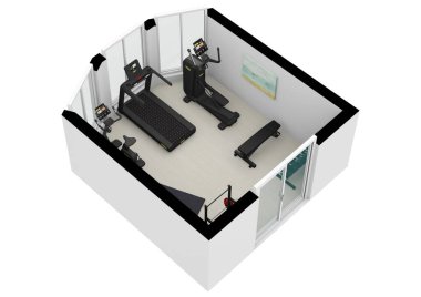 Kat planlı spor salonu. Fitness Merkezi 3 boyutlu illüstrasyon. Fitness. Spor salonu. Spor salonu. Spor salonu iç tasarımı.