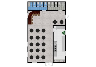Cafe manzaralı planlar. Restoran zemin planı, mimari planlarda kullanılan mobilya mobilyaları ve mobilya sembolleri ile 3D