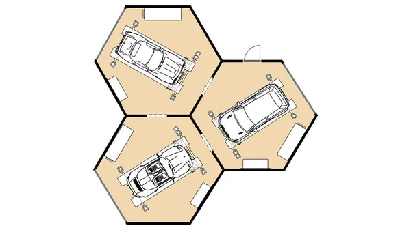 汽车服务平面图的三维说明 汽车服务平面图 在车库里放工具的工作场所 平面图及车辆服务 — 图库照片